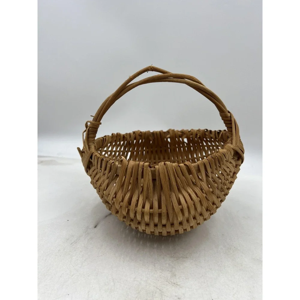 VTG Hand Woven Wicker Buttocks Basket Natural Wood Split Reed God's Eye Handle